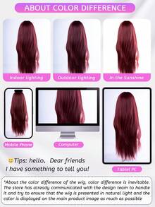 alicegarden 30-Inch Long Synthetic Wig Featuring A Natural Straight Style A Stunning Burgundy. Designed With Bangs, This False Hairpiece Is Perfect For Ms Daily Party Cosplay Use, Offering A Natural And Natural Durable Wig Gift For Ladies. - Burgundy - View 9
