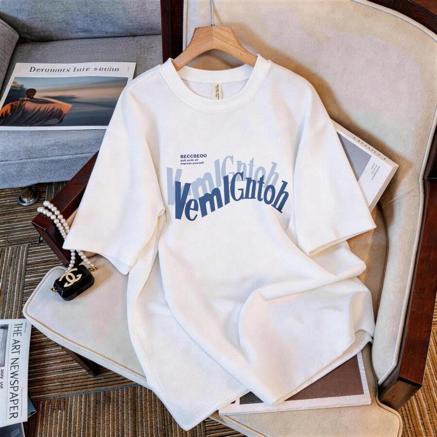 Camiseta de Verano para Mujer, de Algodón Puro, Transpirable, de Manga Corta, Versátil, con Estampado de Patrón Inglés, Estilo Coreano, Casual y a la Moda - Camiseta de manga corta VeemIGntoh (2) Blanca - Ver 1