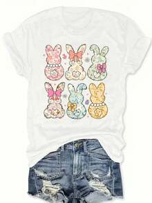 Camiseta de manga cortara mujeres de talla grande con diseños de conejos florales, aptara lavado a máquina. Perfectarrimavera y verano, esta alegre y drtida blusa ofrece un... - Blanco - Ver 2