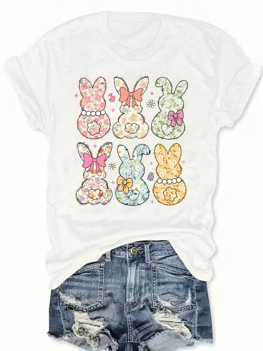 Camiseta de manga cortara mujeres de talla grande con diseños de conejos florales, aptara lavado a máquina. Perfectarrimavera y verano, esta alegre y drtida blusa ofrece un...