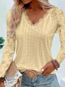 T-Shirt With Eyelets And Contrasting Lace V-Neck, Elegant Long-Sleeved T-Shirt For Spring And Autumn, Women's Clothing - 粉色 - 查看 7