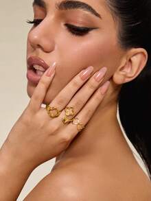 Altistry 3pcs Alloy Floral Hollow Out Ring Set With Metal Plating For Lasting Color Retention - Yellow Gold - View 3