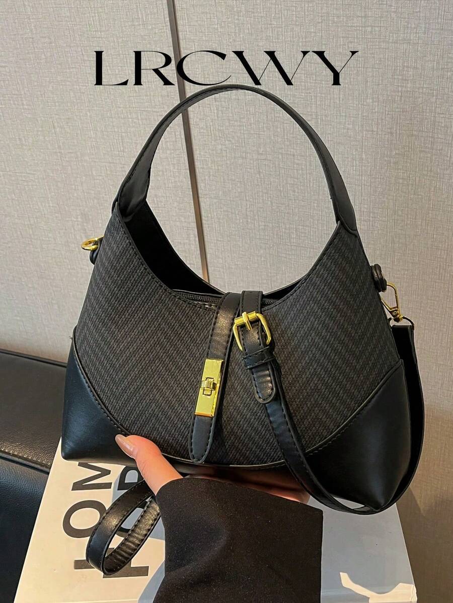 Bolso de mano y bolso de hombro para mujer, elegante y minimalista de moda, bolso de silla de montar casual de negocios vintage, color marrón - Oro rosa - Ver 1