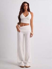 Women's Solid Color Textured Fabric Casual Straight Wide Leg Pants - White - View 3