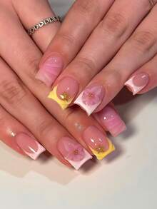 24pcs Romantic Cute Pink 3D Flower Gold Star 3D Water Ripple White Polka Dot Pink Gradient White And Cream Yellow French Manicure Full Coverage Fake Nails For Women And Girls, Suitable For Summer Party Office Daily Wear, Includes 1 Adhesive Sheet And 1 Mini Nail File, Randomly Shipped Jelly Glue - Multicolor - View 1