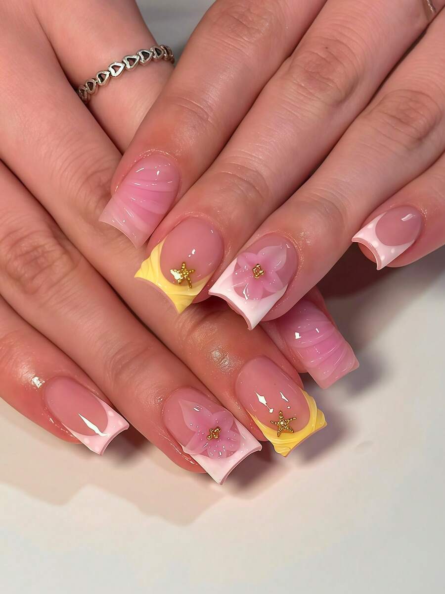 24pcs Romantic Cute Pink 3D Flower Gold Star 3D Water Ripple White Polka Dot Pink Gradient White And Cream Yellow French Manicure Full Coverage Fake Nails For Women And Girls, Suitable For Summer Party Office Daily Wear, Includes 1 Adhesive Sheet And 1 Mini Nail File, Randomly Shipped Jelly Glue - Multicolor - View 1