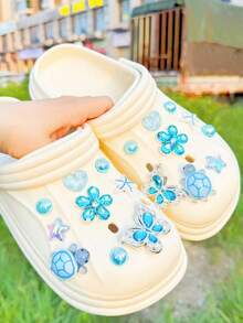 20件白色與金色海洋主題DIY鞋飾，花朵、貝殼、海星可拆卸配件，適用於有孔鞋款，節日禮物 - 淺藍色 - 查看 4