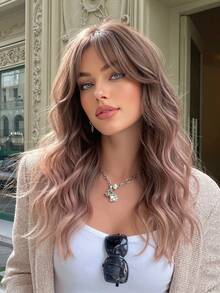 Highlight Synthetic Wig With Bangs, Long Wavy Layered Wig, Suitable For Women's Daily Party Cosplay Wig 18 Inch,Halloween Wigs For Halloween And Christmas New Year Carnival Music Festival Cosplay ,Gifts For Girls,Summer Graduation Gifts - Brown Highlight - View 2