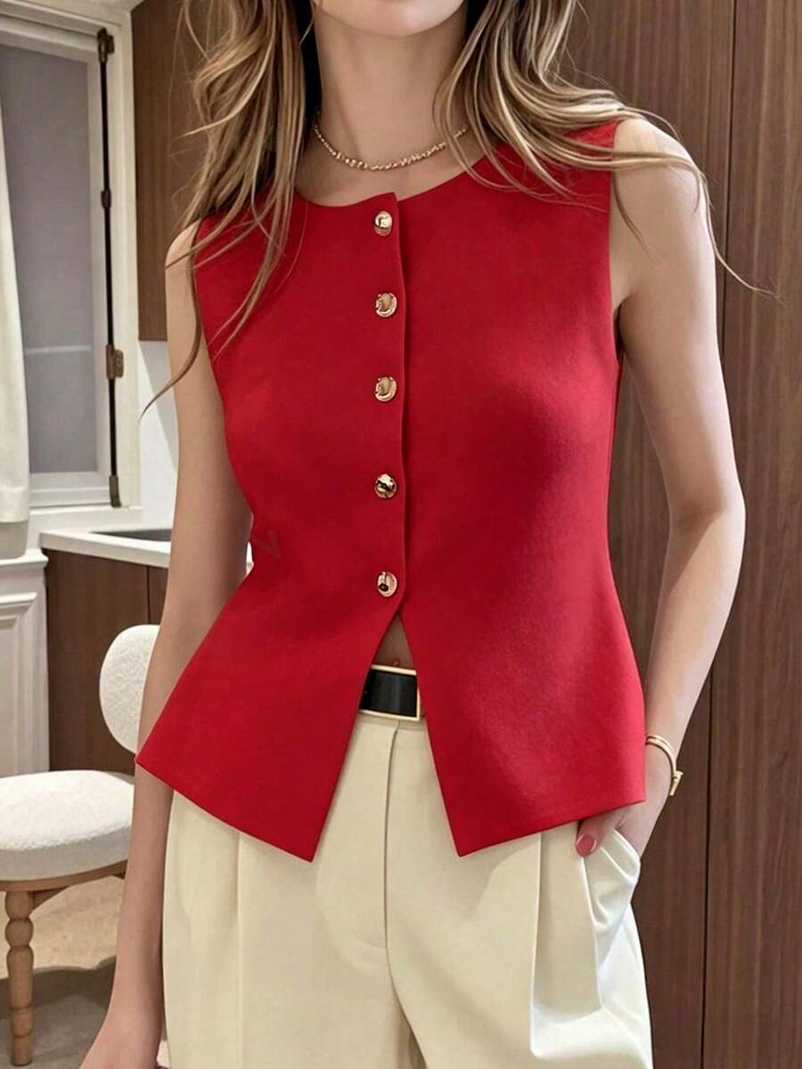 Women's Solid Color Sleeveless Knit Blouse With Front Buttons - Red - View 1
