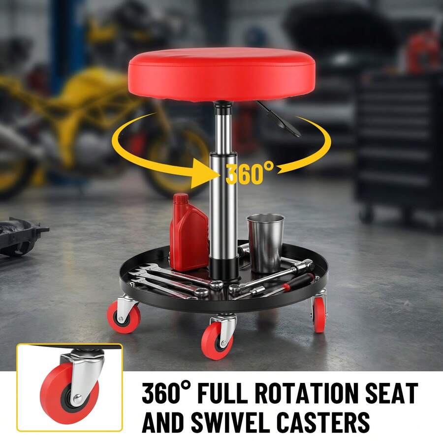 HSHa 360° Rotation Rolling Mechanic Stool With Wheels, 135Kg Capacity Garage Seat/Work Stool, Padded Roller Creeper Seat With Fixed Height, Tool Storage Tray For Garage, Shop, Auto Repair, Red+Black Car Repair Maintenance Tools - Red and Black - View 1