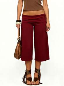 Pantalones de yoga femenino de siete puntos con piernas anchas para cortar pantalones plegables, adecuados para ejercicios diarios de fitness y pantalones casuales - Burdeos - Ver 5