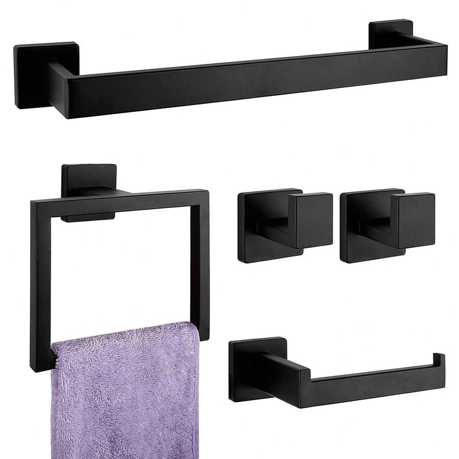 Juego de 5 toalleros de acero inoxidable negro para montar en la pared con 2 gancho para el cuarto de baño, toalleros y portarrollos - Negro mate - Ver 1