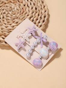 3pcs Ocean Style Hair Clips, Shell & Starfish Hair Accessories, Cute Bow Bangs Hair Clips, Pearl Side Hair Clips For Girls - 26375 Purple - View 4