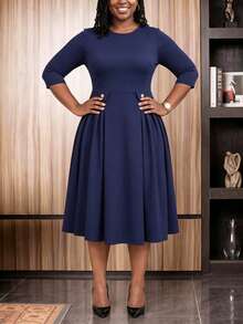 NOU elegantes Damenkleid mit Rundhalsausschnitt, 3/4-Ärmeln, plissiertem Design, A-Linie und taillierter Taille, mittellang, schmeichelhafte Silhouette, geeignet für Büro, Nachmittagstee, Kirche, Lehreroutfit, Kirchenkleidung, Kirchenkleid, Schulanfang, Urlaub, Büro, Alltag, Date, Arbeitsplatz, Geburtstagsparty, Casual, Herbstkleidung, Herbstkleid - Königsblau - Übersicht 7