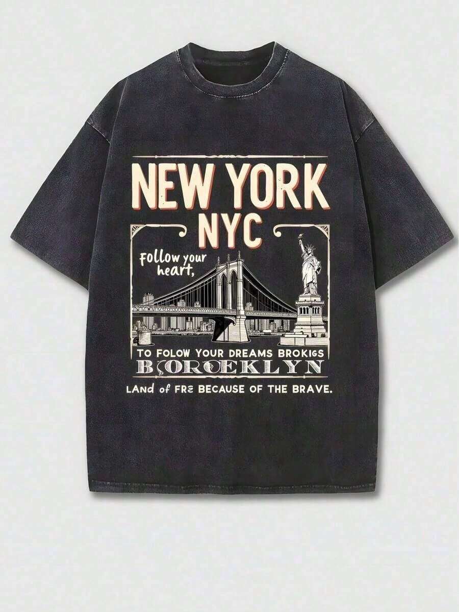 Men's Clothing; Summer T-Shirts This 230g Washed Cotton T-Shirt, With Prints Such As "New York, Follow Your Heart, Follow Your Dreams, Brooklyn, A Land Of Freedom For The - 黑色 - 查看 1