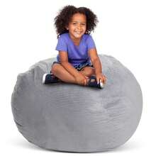 Creative QT Stuff 'n Sit - Funda de almacenamiento grande de 33 pulgadas para animales de peluche y juguetes silla gigante para niños de 3 a 14 años organizador de recámara para Pascua - Pana Gris Claro - Ver 2