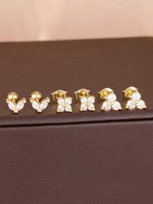 6 Peças Conjunto de Brincos de Flor de Zircônia em Aço Inoxidável da Moda, Brincos de Trevo Fofos Banhados a Ouro 18K para Mulheres, Joias Hipoalergênicas para Uso Diário - 6 peças douradas - Visão 2