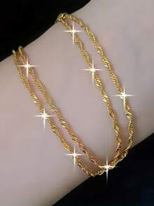 1pc Fashionable Exquisite Water Wave Chain Design Collarbone Necklace, Stainless Steel Gold 2mm Water Wave Chain Simple Elegant Necklace, Unisex Daily Versatile Jewelry Accessory - Gold - View 7