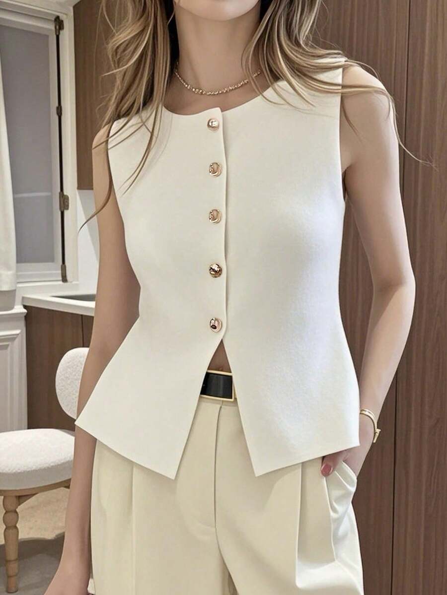 Blusa de punto sin mangas con botones delanteros de unicolor para mujer