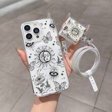 6件組磁吸透明太陽與行星圖案手機殼 + 充電頭保護套 + 線材保護套 + 收納繩 + 數據線保護纏繩 TPU 防震保護殼，適用於 iPhone 6 7 8 XXs XR XS Max 11 12 13 14 15 16 Pro Max，適合作為情侶、女性、女兒、男朋友、女朋友、青少年女孩的生日與聖誕禮物 - 彩色 - 查看 4