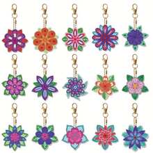 15pcs DIY Mandala Pattern Design, Bohemian Style Floral Diamond Painting Keychain, Beginner-Friendly Rhinestone Set, Backpack Charm, Key Decoration, Gift For Best Friends And Classmates, Daily Outfit Accessory - one-size - View 1