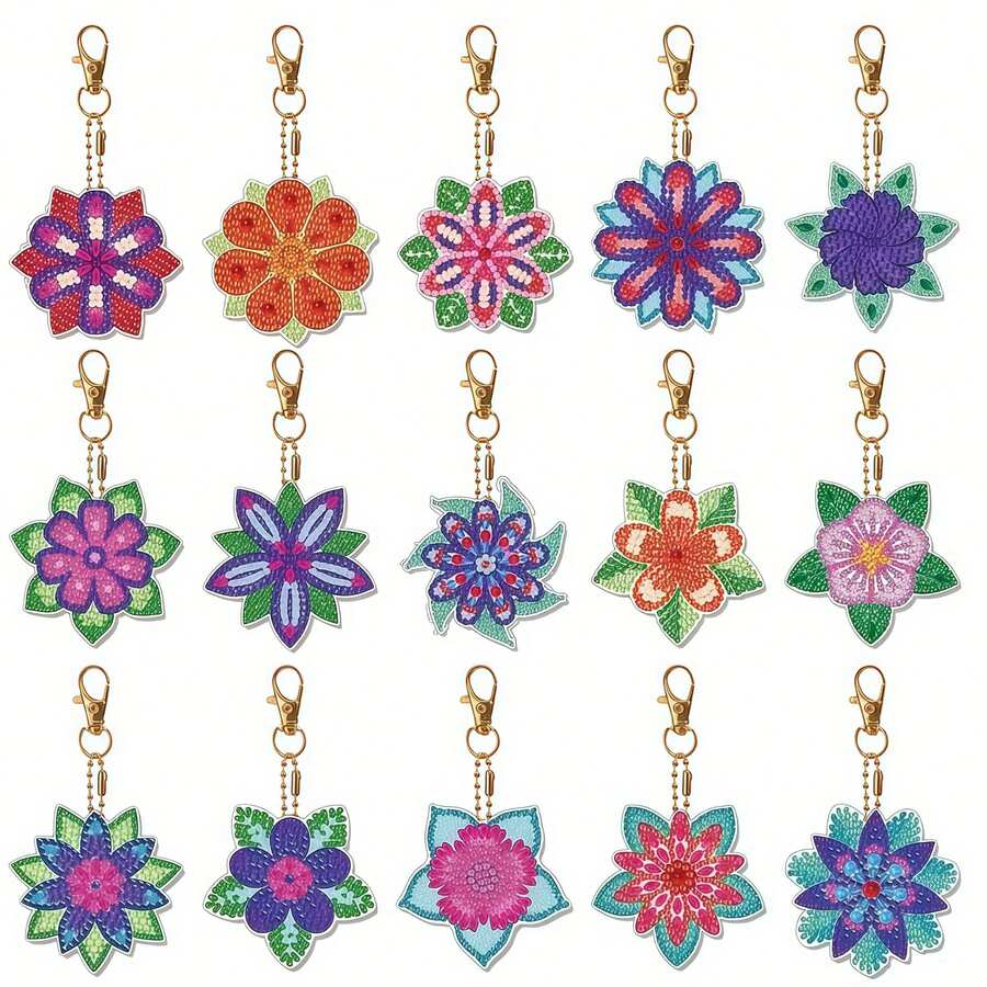 15pcs DIY Mandala Pattern Design, Bohemian Style Floral Diamond Painting Keychain, Beginner-Friendly Rhinestone Set, Backpack Charm, Key Decoration, Gift For Best Friends And Classmates, Daily Outfit Accessory - one-size - View 1