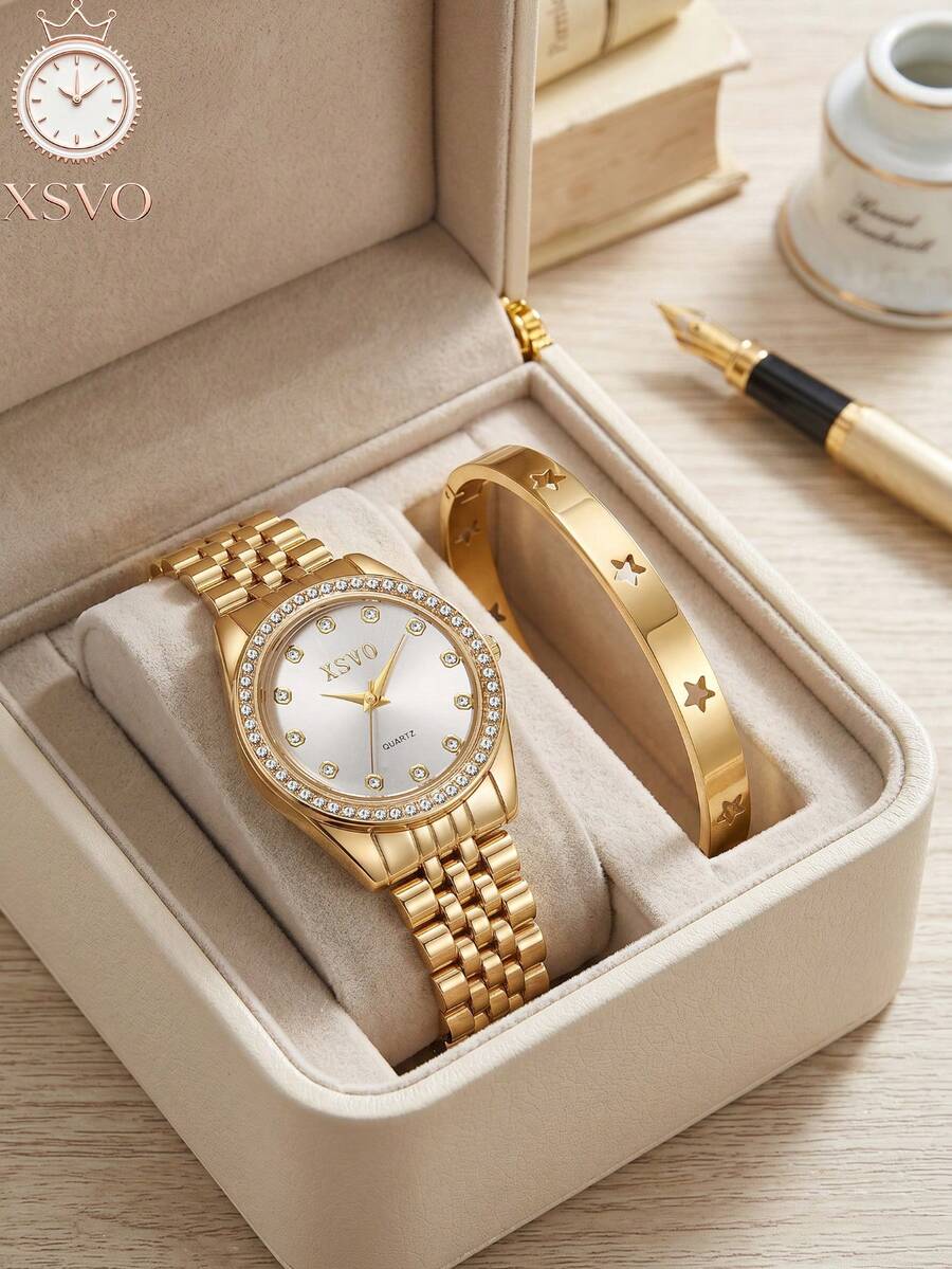 2Pcs/Set Teen Rhinestone Quartz Watch & Star Bangle Set, Back To School Vacation Holiday Daily Jewelry, Box Not Included - White - View 1