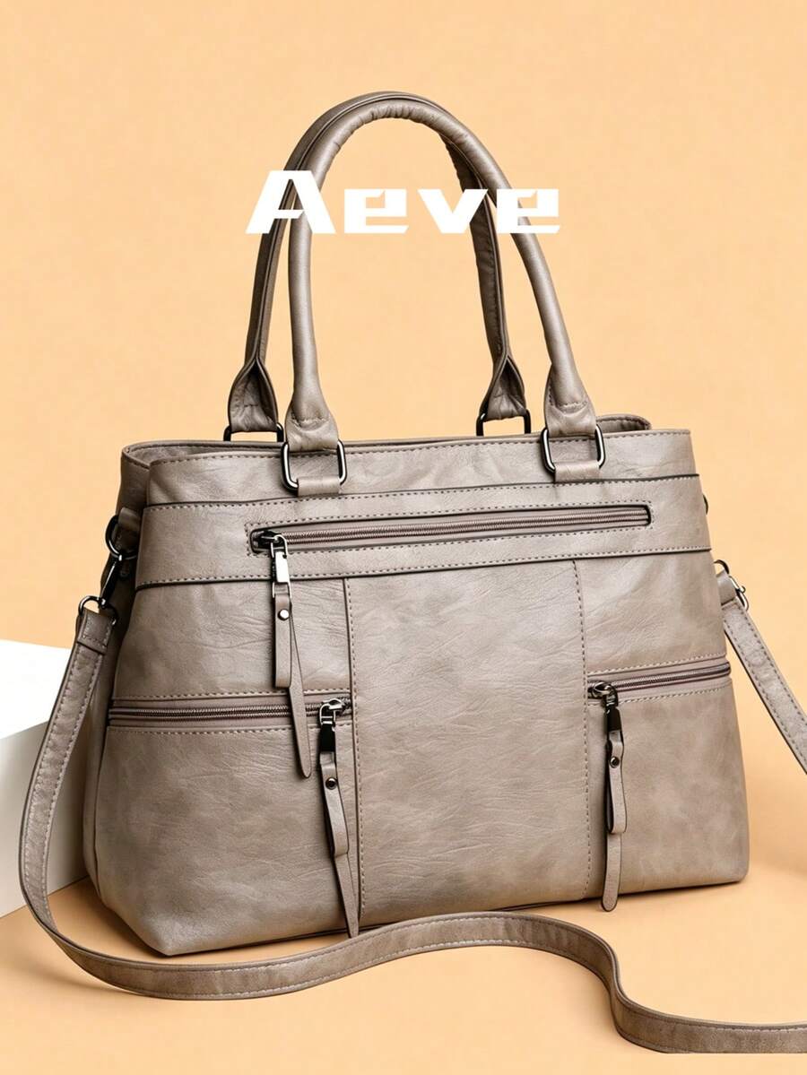 1pc Women's Solid Retro Brown Tote Bag, Large Capacity Multi-Zipper Pockets Waterproof PU Dual Handle Portable Outdoor Casual Business Versatile Shoulder Bag, Stitching Anti-Theft Crossbody Bag