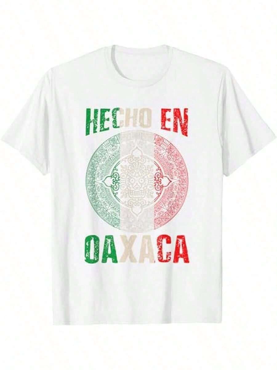 Camiseta de Hombre Hecha en Oaxaca, México, Orgullo Mexicano - Rojo Vibrante con Estampado Cultural Verde y Blanco, Manga Corta, Cuello Redondo Casual, Camiseta Gráfica de Orgullo Mexicano c - Blanco - Ver 1