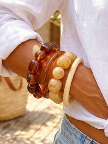 BOHO 4/1pcs Vintage Elegant Bohemian Summer Vacation Style Fashion Daily Geometric Asymmetrical Exaggerated Thick Brown Beige Multicolor Tie Dye Elastic Beaded Stackable Minimalist Plain Resin Bangle Set Y2K Fresh Cute Premium Jewelry Accessories Suitable For Women Summer Beach Party Birthday Daily Wear Gift For Girls - Multicolor - View 2