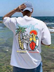Camiseta de Verano para Hombre Manfinity Chillmode con Estampado de Ondas y Árboles, Estilo Casual para Vacaciones en el Oeste - Blanco - Ver 1