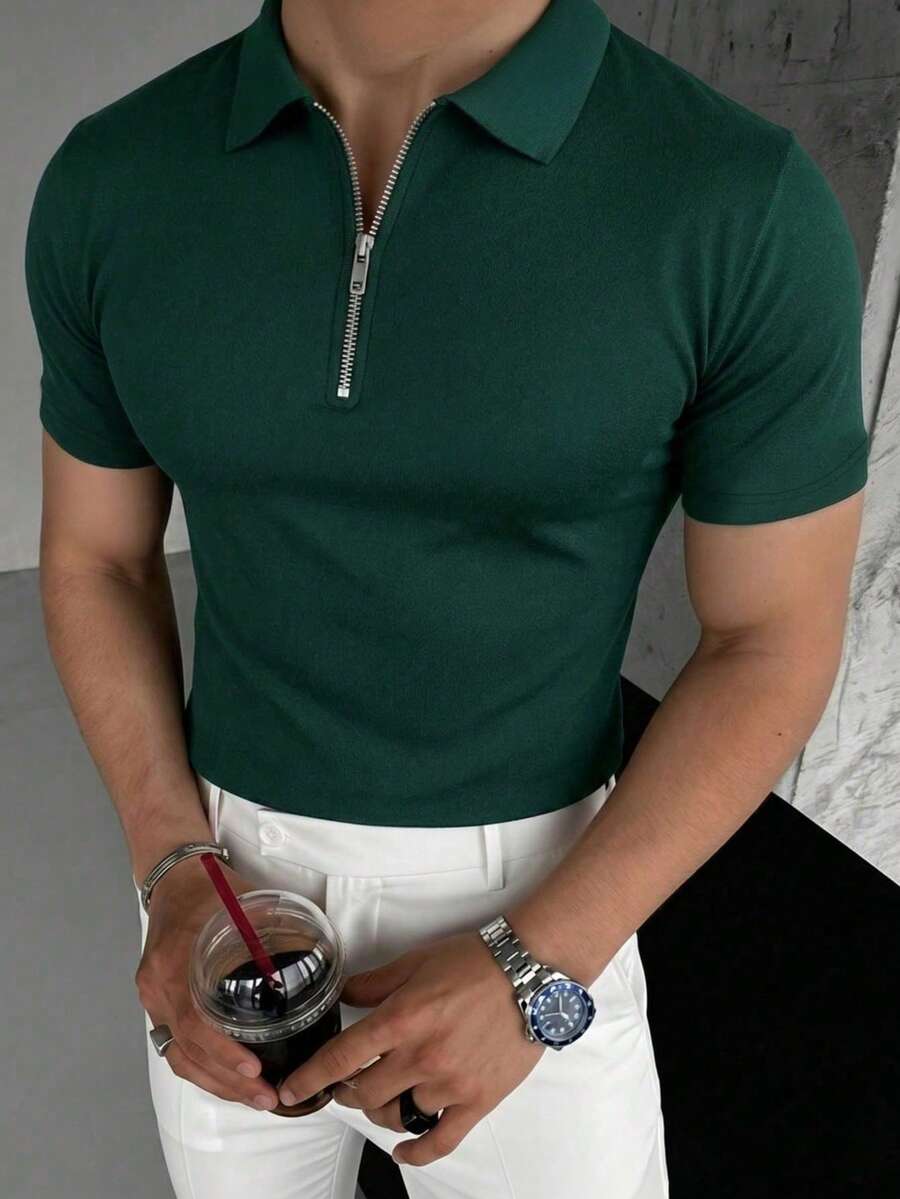 男士夏季輕量半拉鍊短袖 Polo 衫，時尚款