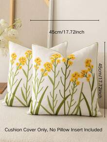 1pc Modern Pastoral Country Style Yellow Ditsy Floral Fresh Embroidered Flower Soft Washable Machine Washable Removable Sofa Bedroom Living Room Home Versatile Decorative Pillow Cover - Yellow - View 2