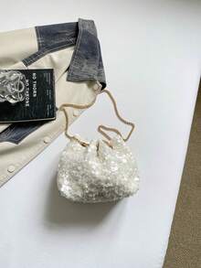 Bolso cubo mini con cordón y lentejuelas blancas en todo el Body, bolso de hombro con cadena de metal exquisita, bolso de mano de noche para fiestas de nicho - Blanco - Ver 10