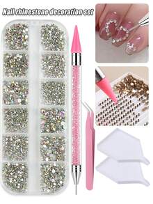 Nail Rhinestone Decoration Kit, Clear & AB Color Flat Back Glass Crystals Gems Mixed Sizes, Include Pick-Up Tweezers, Rhinestone Wax Pencil, Storage Trays, Professional Nail Art Supplies For Manicure DIY & Handmade Crafts Nail Charms - Multicolor - View 1