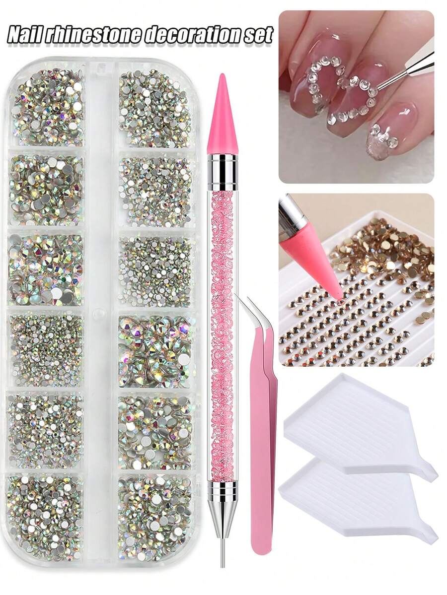 Nail Rhinestone Decoration Kit, Clear & AB Color Flat Back Glass Crystals Gems Mixed Sizes, Include Pick-Up Tweezers, Rhinestone Wax Pencil, Storage Trays, Professional Nail Art Supplies For Manicure DIY & Handmade Crafts Nail Charms - Multicolor - View 1