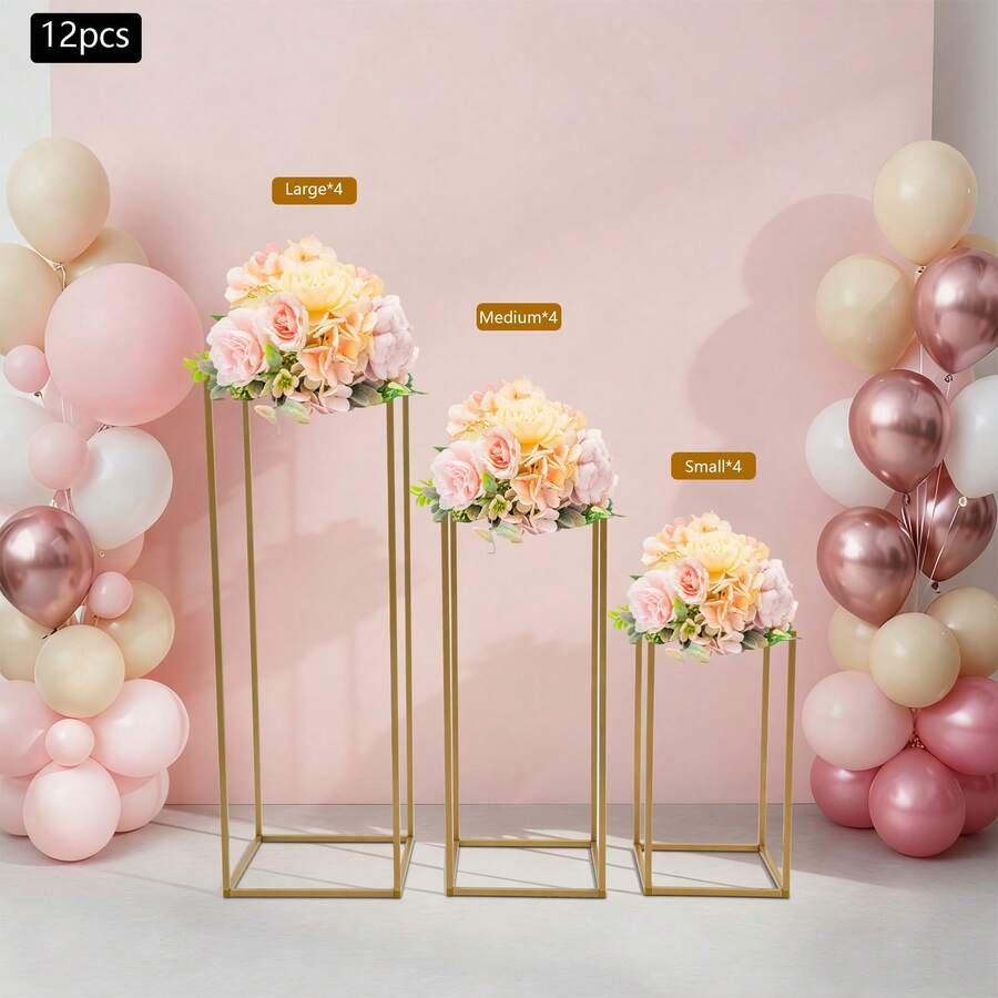 12Pcs Gold Metal Rectangular Flower Stand, 3 Sizes Geometric Wedding Centerpiece Pillar 22LBS Load Steel Floral Rack For Party Event Table Decor - Gold - 12pcs - View 1