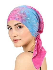 Rhinestone Decor Tie Dye Pre-Tied Hijab For Women, Elastic Stretch Islamic Headscarf Turban Cap, Soft Hair Loss Head Wrap Head Cover - Color - View 15