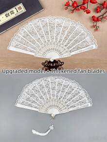 1pc French Retro Lace Tassel Folding Hand Fan, Portable Summer Dance Fan - White - View 5