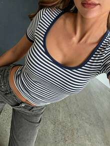Women's Minimalist Retro Striped Short Sleeve T-Shirt - Multicolor - View 6
