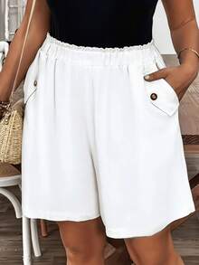 Tallas Grandes, Shorts Elegantes de Pierna Ancha para Mujer - Sin Elastano, Color Sólido, Casual y Formal para Todas las Estaciones - Blanco - Ver 3