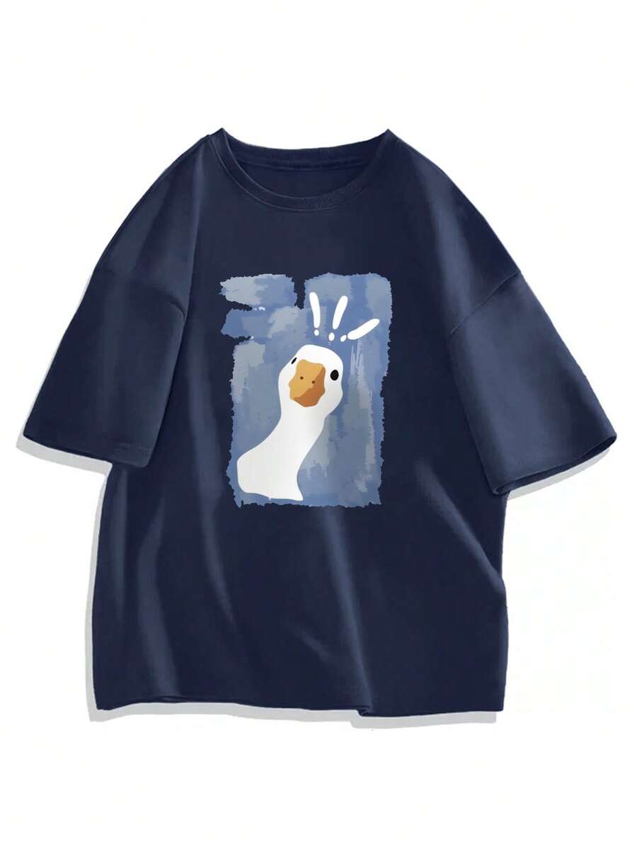 Plus Size Minimalist Watercolor Cute White Goose Print Loose Casual Men's T-Shirt | Suitable For Summer Wear - Navy Blue - View 1