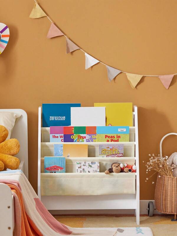  SoBuy Children's Montessori Bookshelf With 4 Fabric Shelves, Children's Room Storage Shelf, Toy Shelf, Children's Room Furniture, White, 62x71x30 Cm, FRG225-W