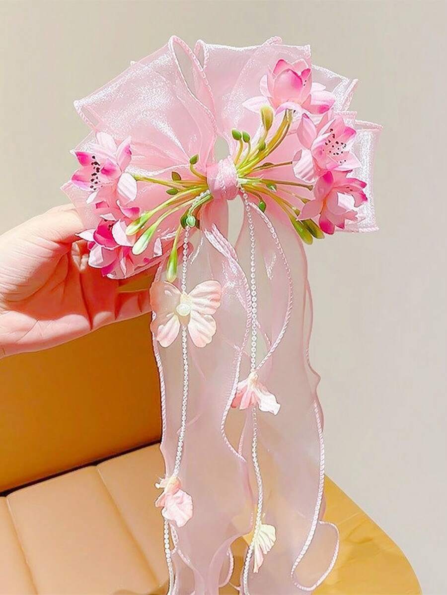 1pc Pink Mesh Large Bow Hair Clip Girls Hair Accessory Mori Style Spring Versatile Photo Prop Hair Clip Back Headpiece Girls Hair Clip Ribbon Hair Accessory (Paper Card For Display Only)
