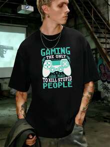 T-shirt ho m me en coton doux, imprimé graphique inspiré des jeux vidéo, style streetwear hip-hop, respirant. - Noir - Voir 1