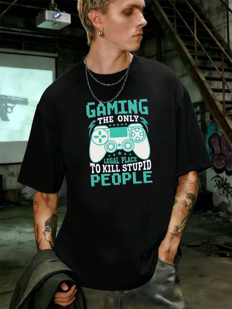 T-shirt ho m me en coton doux, imprimé graphique inspiré des jeux vidéo, style streetwear hip-hop, respirant. - Noir - Voir 1