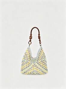 Handmade Crochet Hollow Straw Bag, Colorblock Large Capacity Shoulder Bag, Bohemian Contrast Color Straw Bag, Casual Versatile Women's Bag, Slouchy Woven Women's Bag, Summer Beach Vacation Style Straw Bag, Commute And Travel Dual-Use Women's Bag, Can Fit Vacation Bag, Gift For Women - Blue - View 6