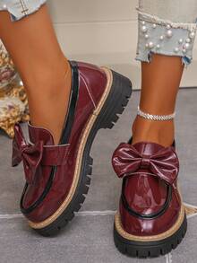 Mocasines de cuña con suela gruesa para mujer, zapatos tipo slip-on con lazo estilo preppy - Burdeos - Ver 5