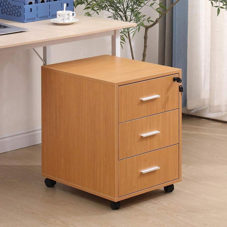 Lockable Rolling Wooden Pedestal Cabinet With Drawers For Under Desk & Printer Use - Walnut#2 - View 1