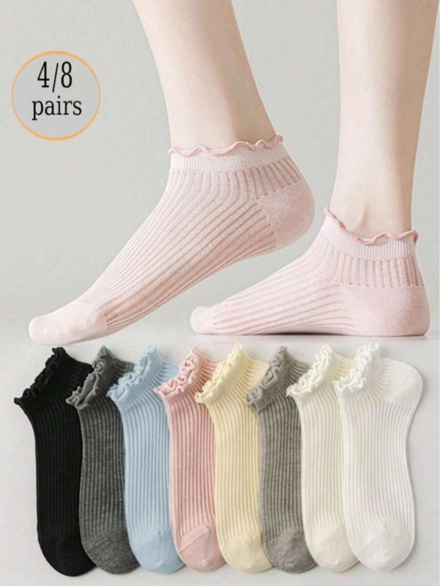 4/5/8 pares de calcetines cortos de mujer de unicolor, clásicos y versátiles, con borde de volantes transpirables. Calcetines de estilo Lolita minimalista con encaje y rayas verticales, adecuados para uso diario, casual, deportivo, viajes y regalos para todas las festividades, primavera/verano - Multicolor - Ver 1